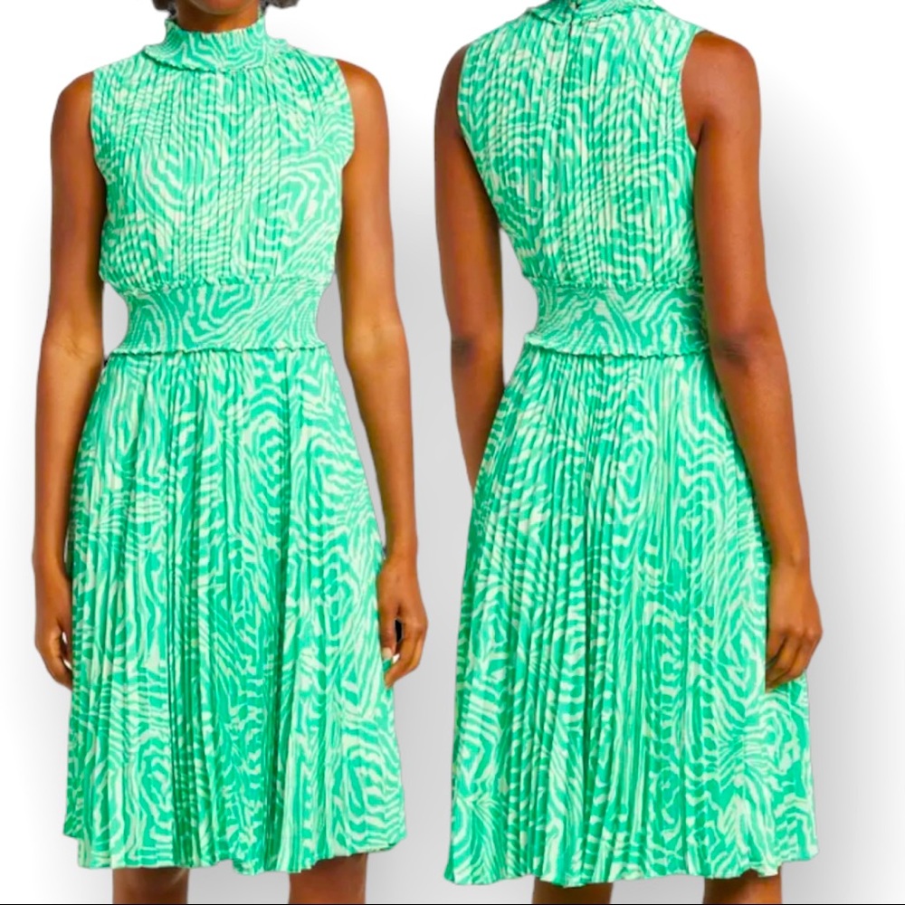 💖NANETTE LEPORE Emerald Isle Green Pleated High Neck Printed Dress, sz 4 NWT